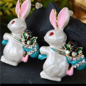 Charming enamel Rabbit Earrings with Pink and Blue Accents nwt